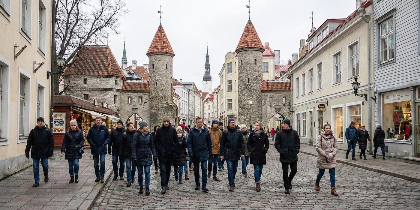Group of tourists walking in Tallinn